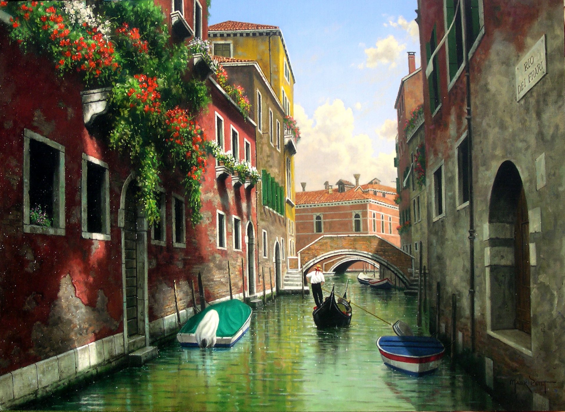peinture marc petit venise italie canal maisons fenêtres pont gondole bateaux balcons fleurs eau