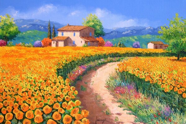 Peinture de champ de fleurs oranges avec la maison