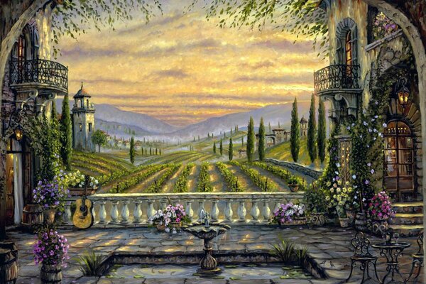 Peinture patio et balcon du village avec guitare