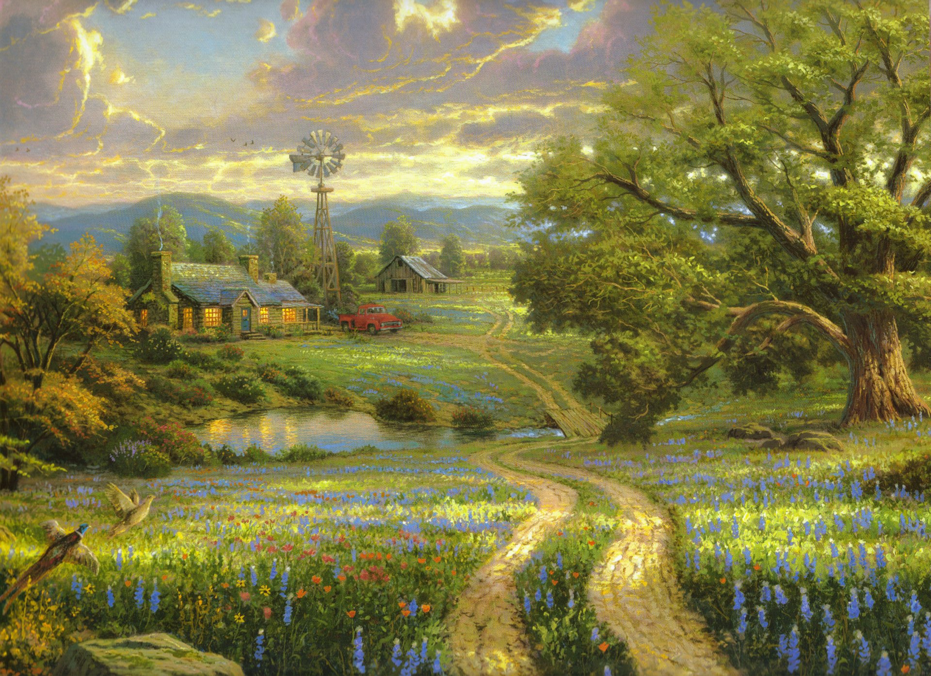 pays vivant thomas kincaid peinture arbre lac fleurs maison girouette grand champ pont en bois machine oiseaux montagnes nature