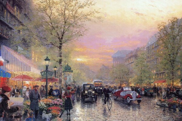 Boulevard du soir en France avec lanternes et voitures