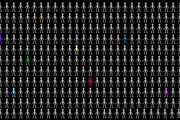Plusieurs figures colorées de personnes parmi les figures blanches