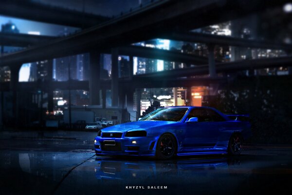 Voiture bleue sur le fond de la ville de nuit