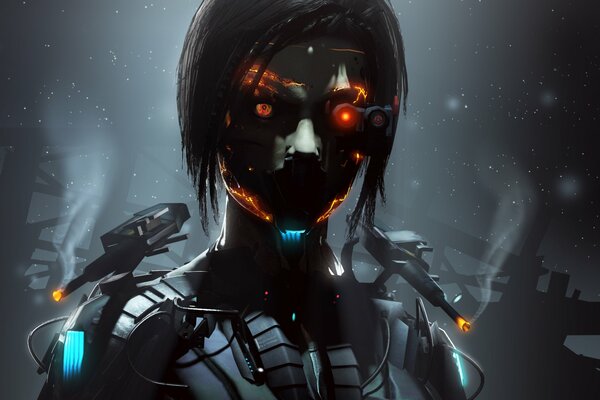 Cyborg fille avec des yeux rouges