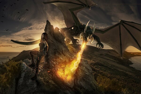 La jeune fille et le dragon se battent pour la terre