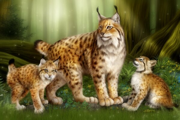 Le lynx avec des chatons dans la forêt