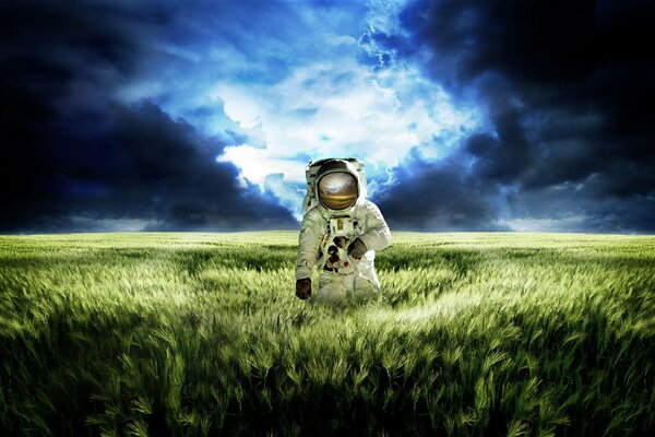 Champ pré ciel et astronaute