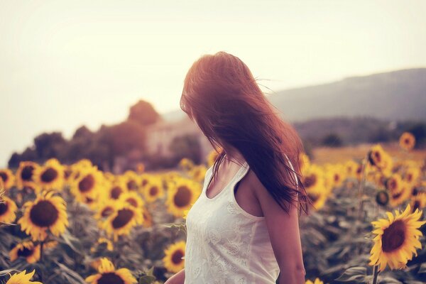 La jeune fille dans un champ de tournesols jaunes