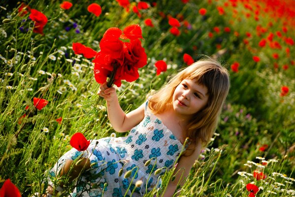 Petite fille dans le champ de pavot