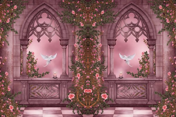 Rose du matin dans les fenêtres entre les colonnes