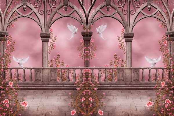 Pigeons dans le jardin de roses avec des arcs