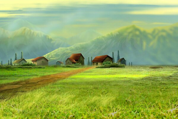 Le paysage de l art avec de petites maisons et de la boîte verte