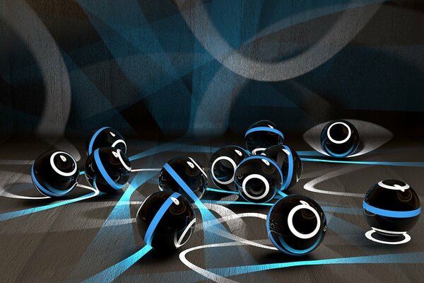 Les boules avec des anneaux blancs laissent des rayons lumineux