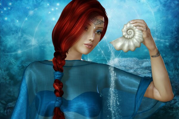 La jeune fille dans les vêtements, les cheveux roux , tient dans ses mains la coque, à partir de laquelle tombe magique de sable