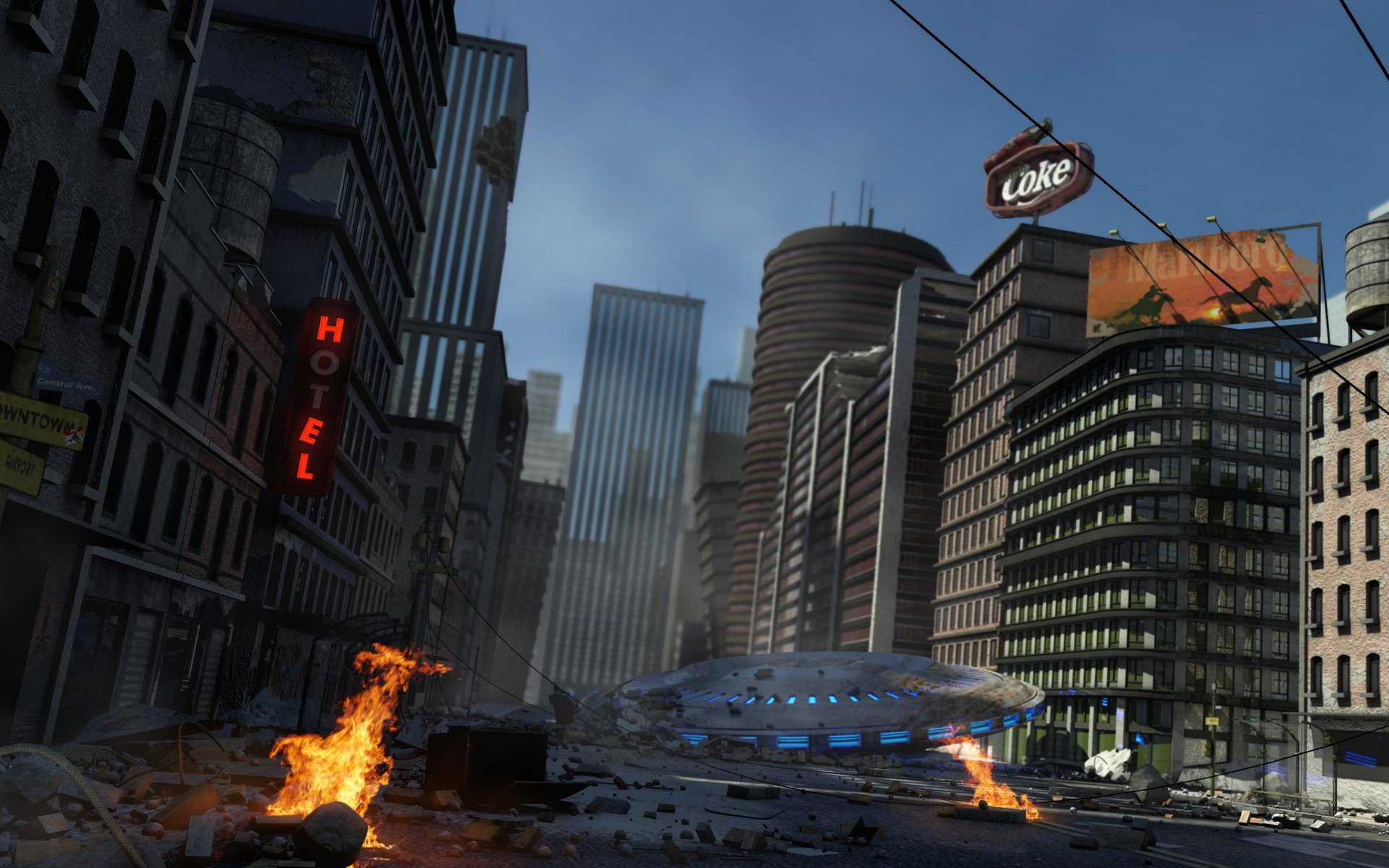 soucoupe volante aliens ville signalisation feu épave