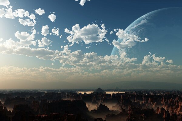 Paysage avec une planète dans le ciel fonds d écran