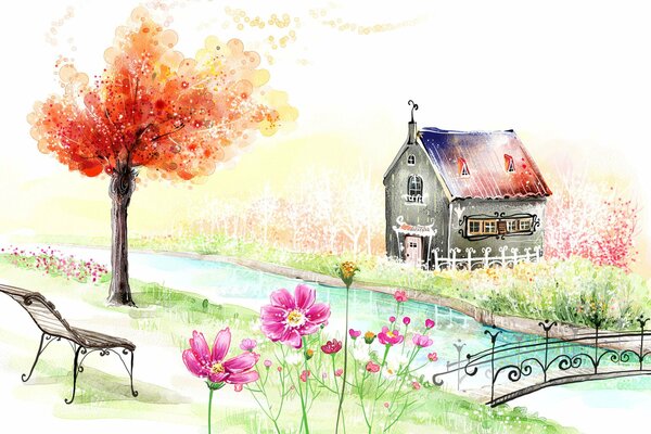 Paysage avec une maison et d un banc