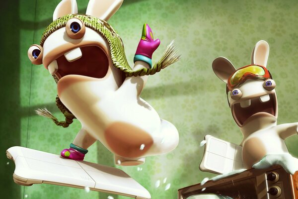 Humour des lapins rouler sur une planche de snowboard