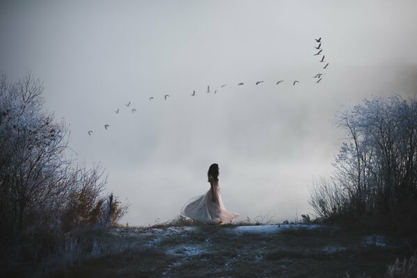 La jeune fille проважкь automne avec un troupeau d oiseaux