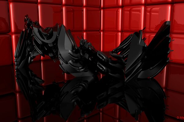 Créature noire sur fond de cubes rouges
