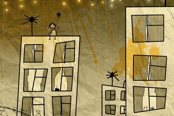Triste dessin d un garçon sur le toit de la maison