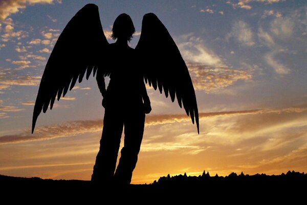 Silhouette d ange avec des ailes sur fond de coucher de soleil