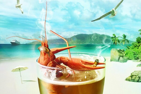 Détente-cocktail homard mer et mouettes