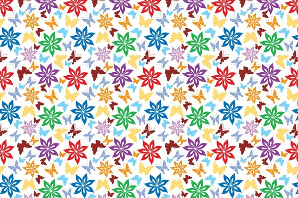 Papillons multicolores et fleurs sur fond blanc