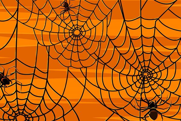 Motif de toile d araignée noire avec des araignées sur fond orange