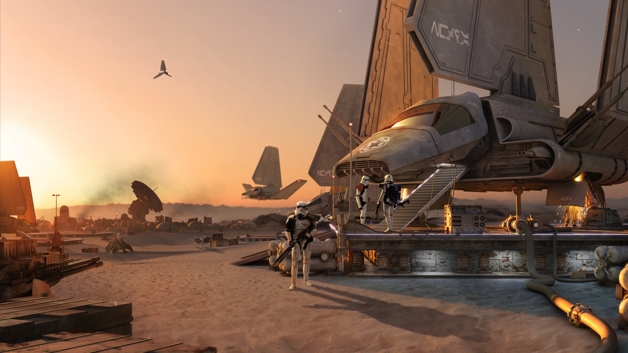 star wars vaisseau spatial désert planète stormtroopers