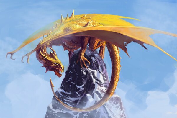 Dragon à écailles jaunes à la bouche ouverte et aux ailes déployées au sommet de la montagne