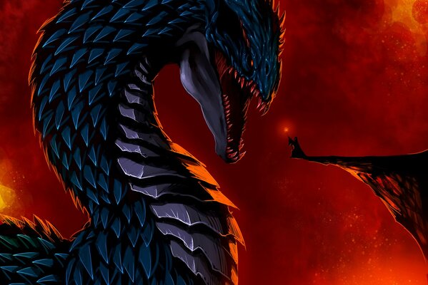 Personnage de fiction dragon bleu foncé couvert d écailles grésille le regard d un homme avec un bâton