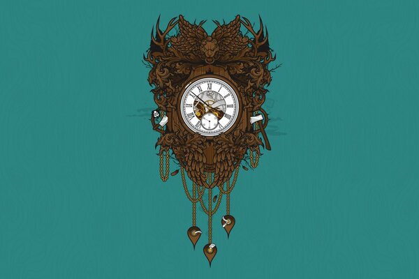 Sur les motifs en relief en bois, une horloge est intégrée