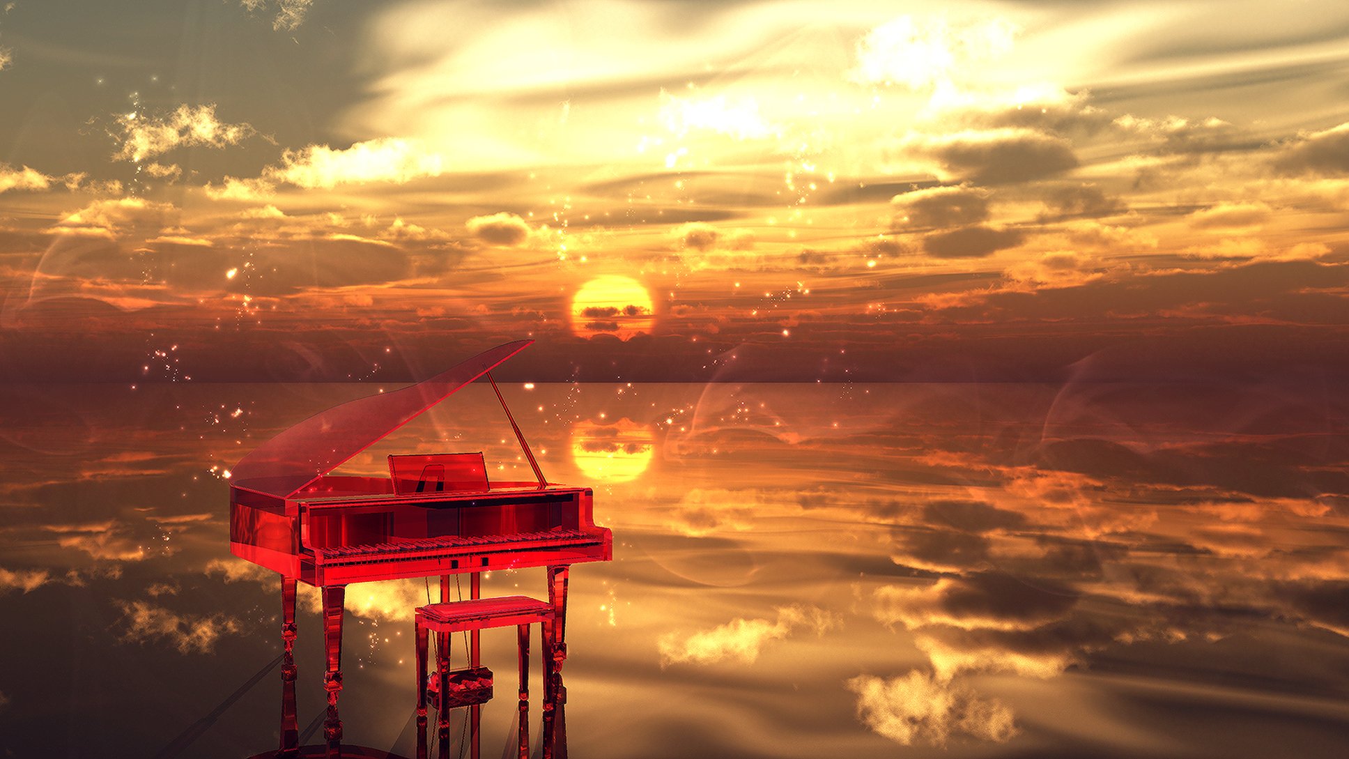 coucher de soleil eau nuages étincelles instrument de musique