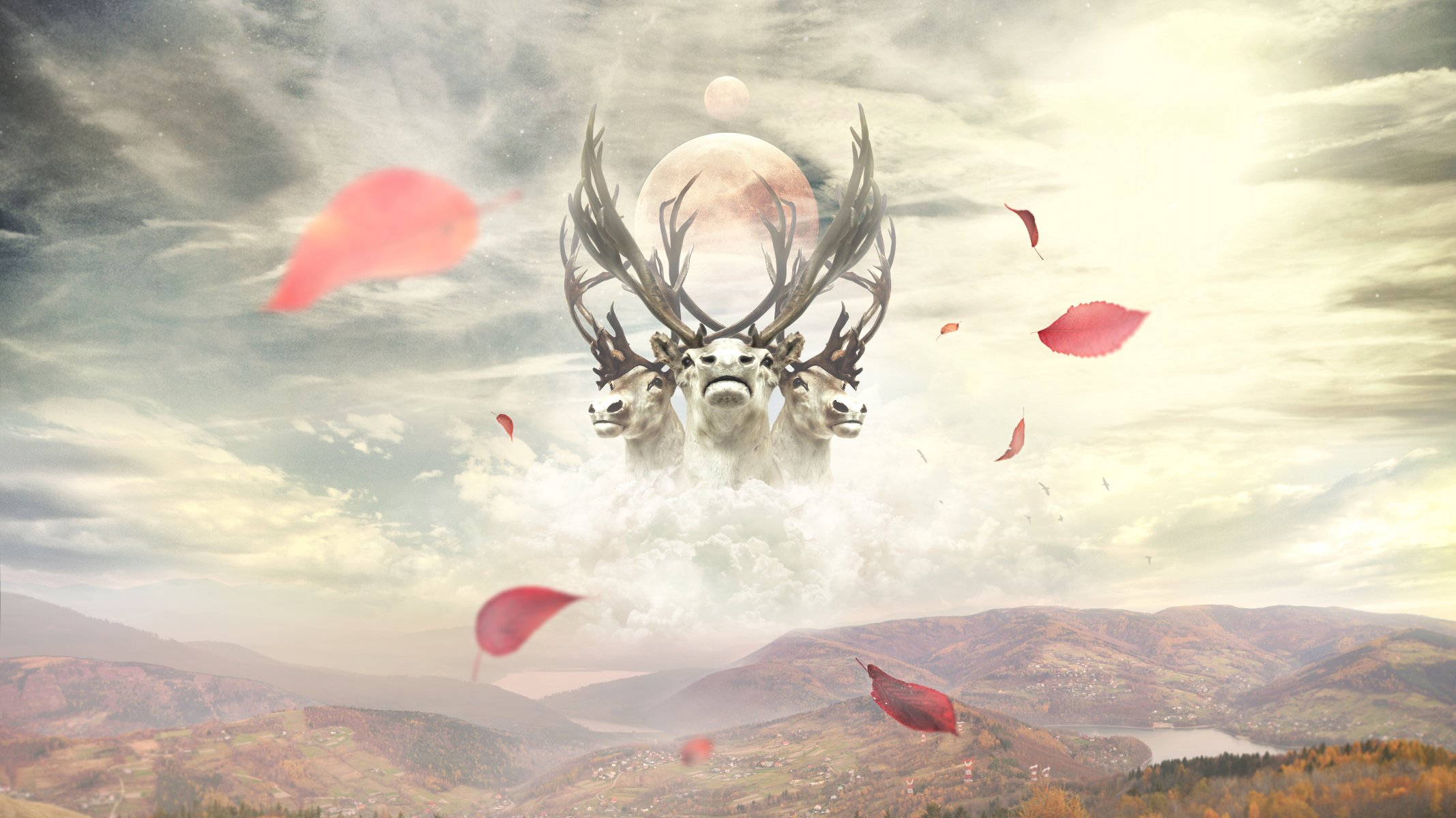 pour le bureau papier peint collage photomanipulation cerfs nuages montagnes feuilles