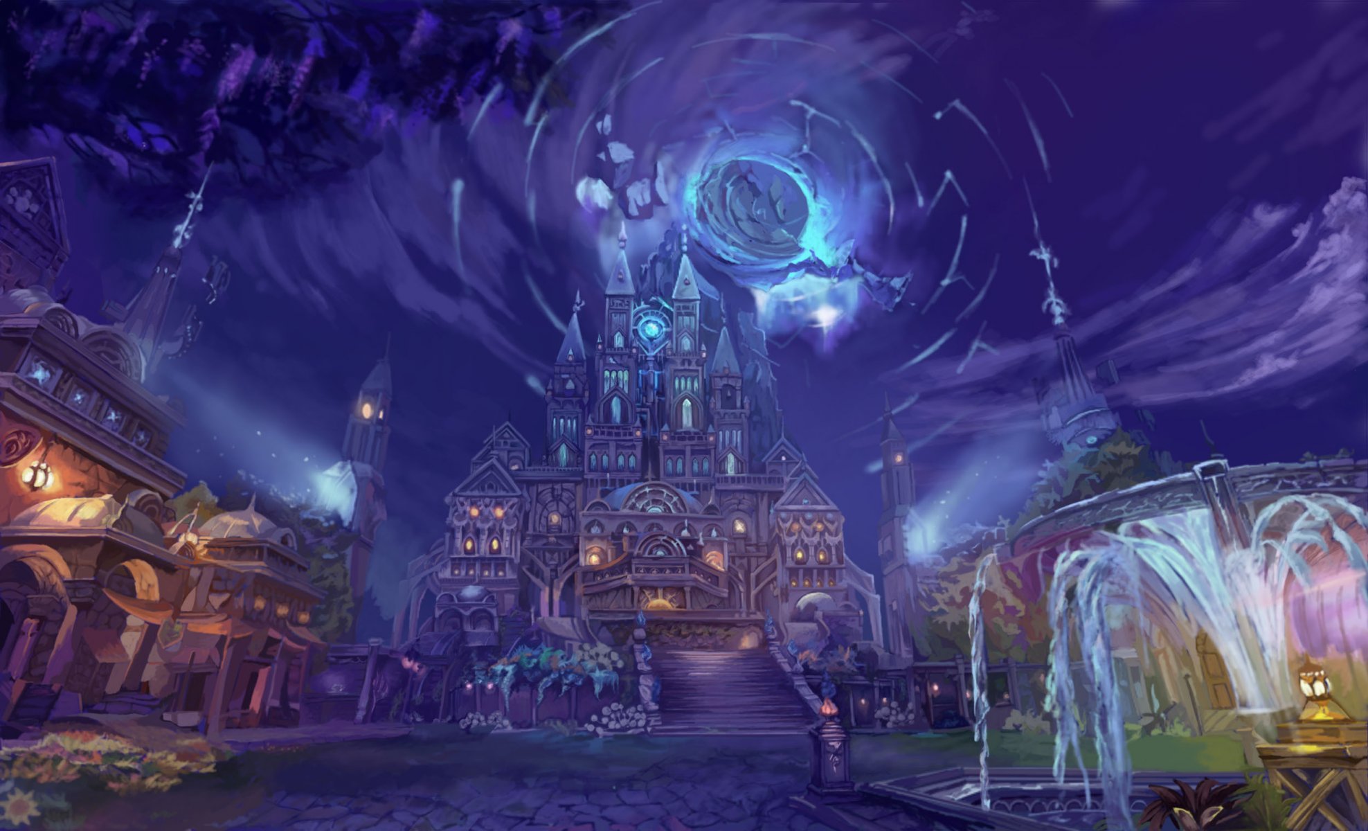 fiction art art fontaine eau ville maisons lanternes lumière nuit ciel