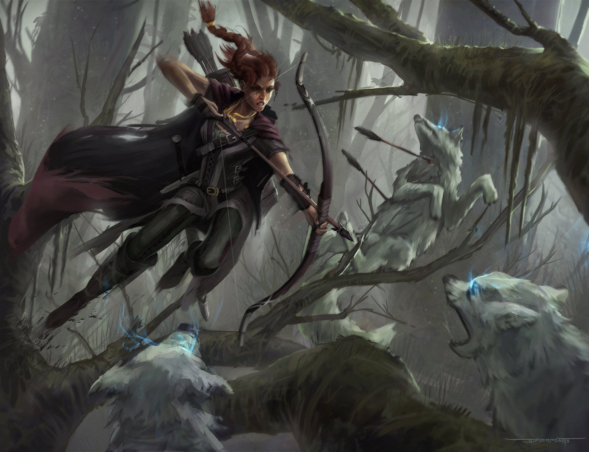 art fille archer loups flèches forêt bataille saut