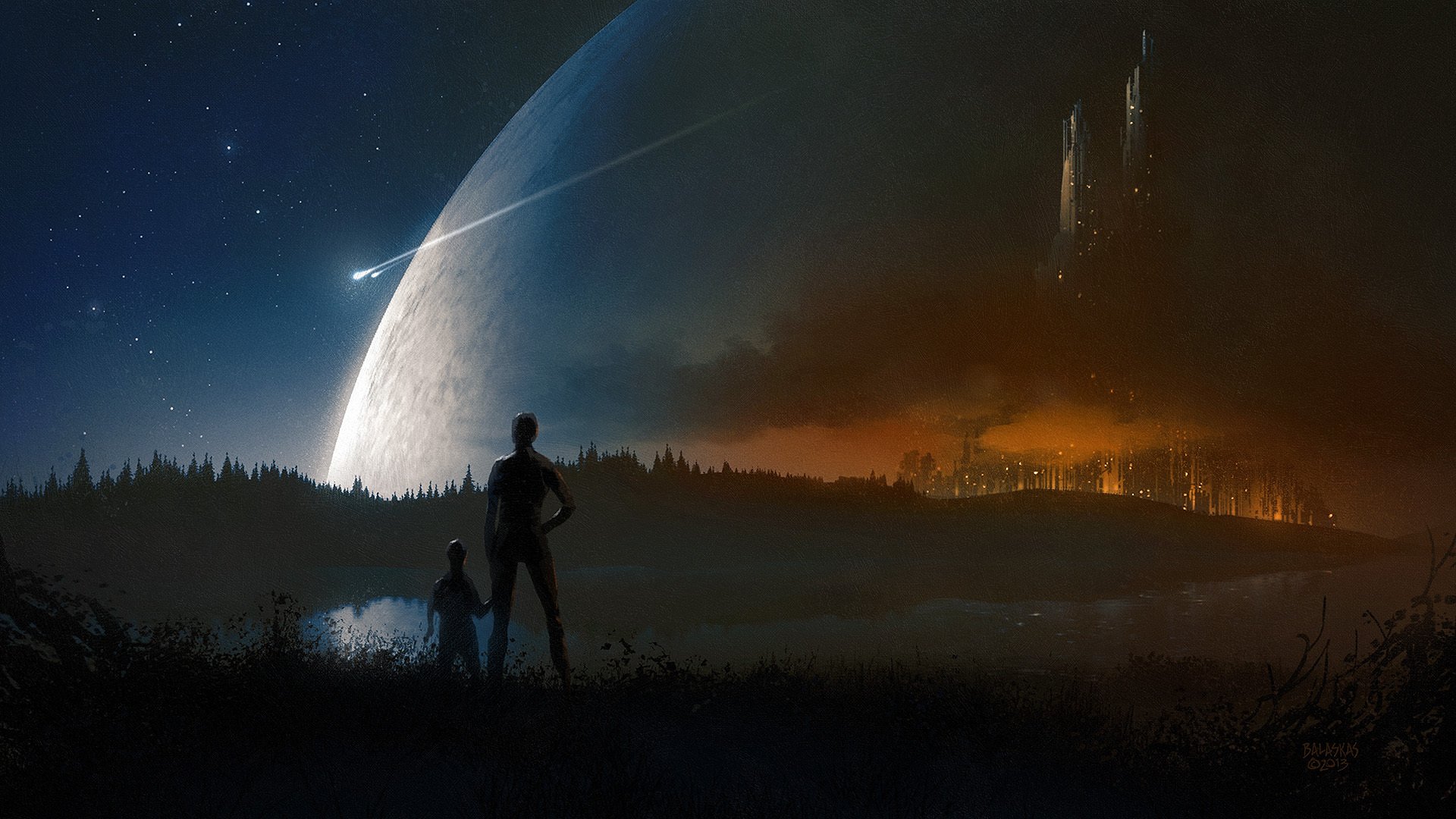 art christopher balaskas planète vue gens ville nuit lumières lac navires empreinte étoiles