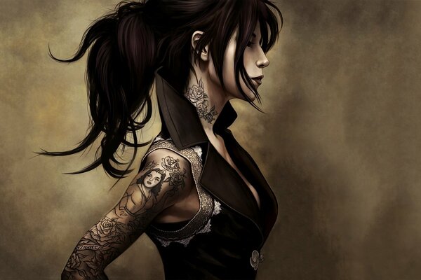 Vrunetka avec un tatouage et une coiffure à la mode