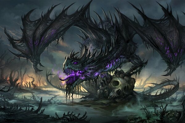 Un dragon terrifiant qui tourmente le crâne humain dans les marais