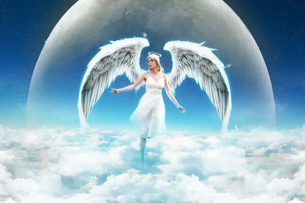 Ange fille avec des ailes sur fond de sphère blanche vole au-dessus des nuages