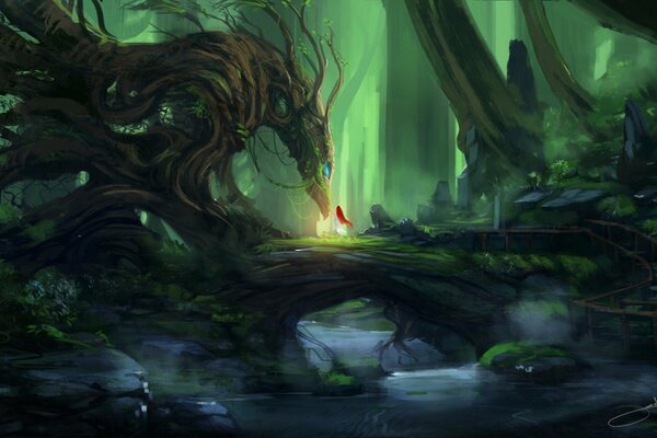 Forêt de conte de fées avec un dragon et une fille