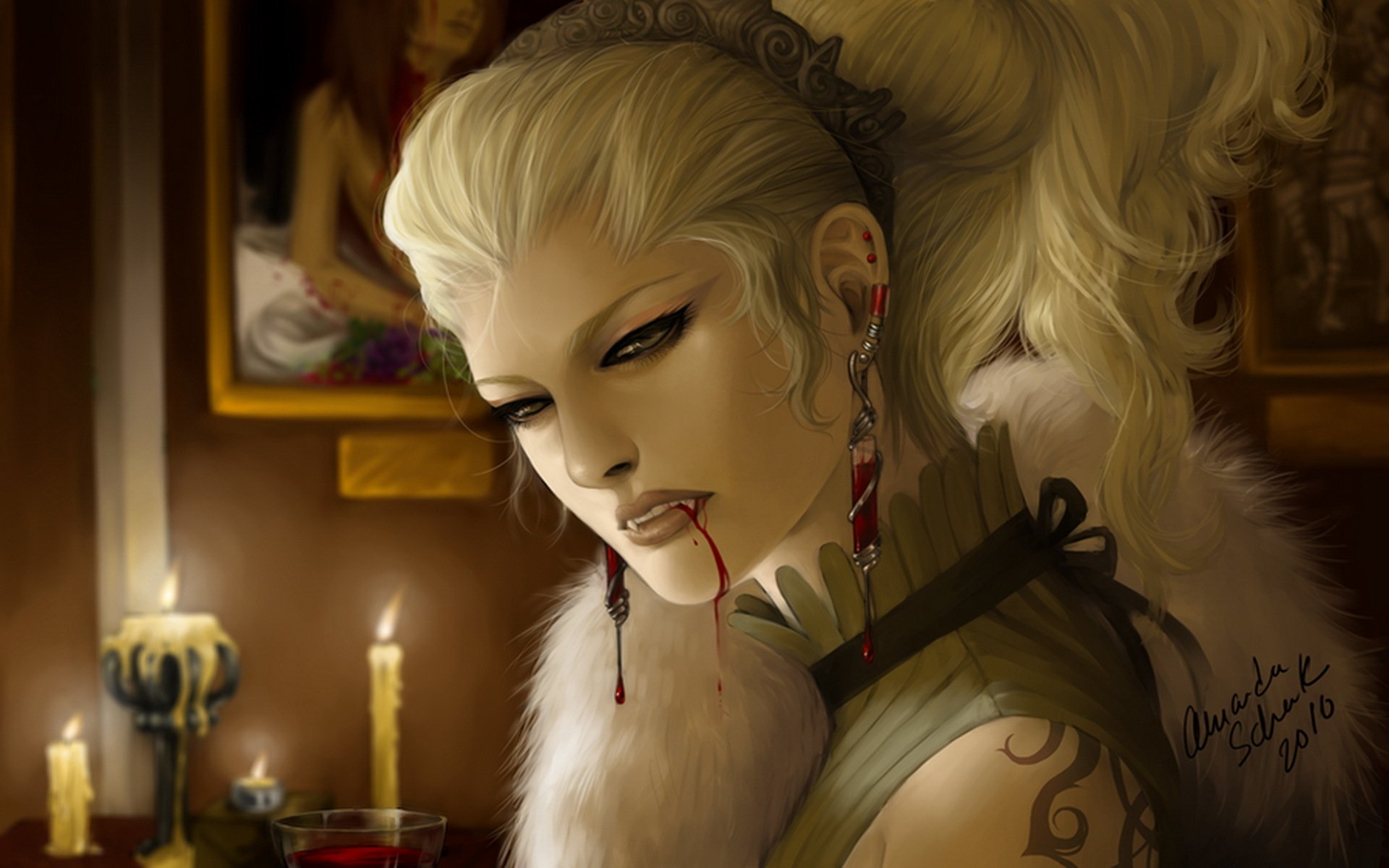 art fille vampire sang bougies décoration fourrure
