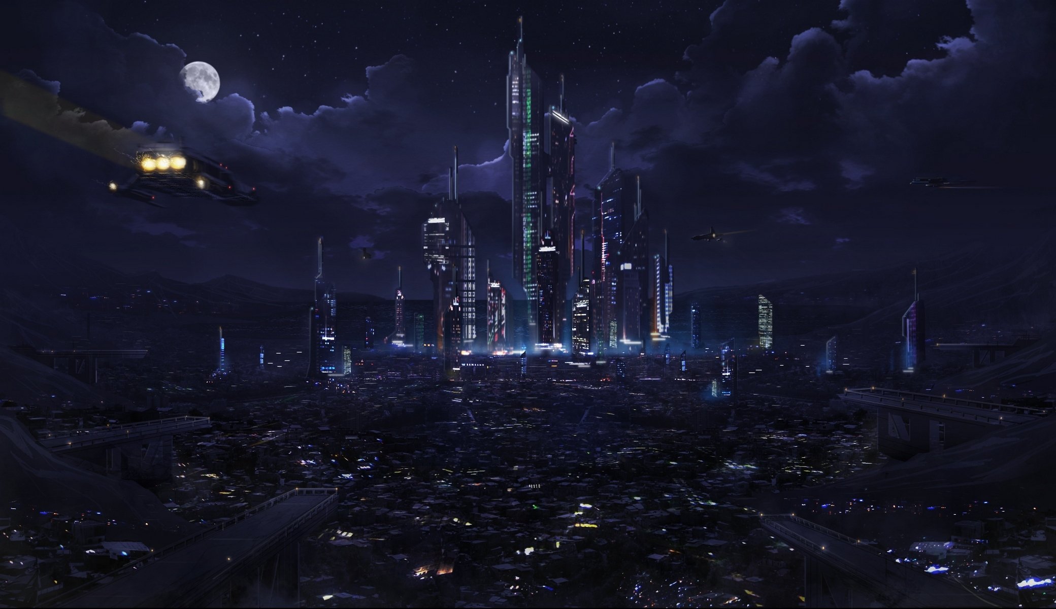 plaza ken lebras astrokevin fantaisie ville lanternes futur vaisseau spatial nuit ciel nuages lune lumières avenir science-fiction ciel nocturne