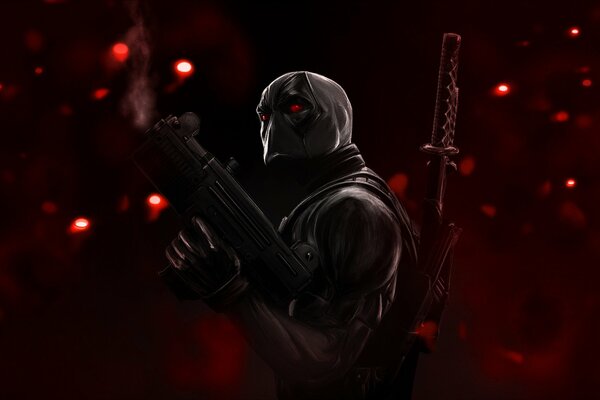 Deadpool avec katana sur fond rouge avec des reflets
