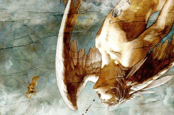Fresque-homme ange, matériel argile