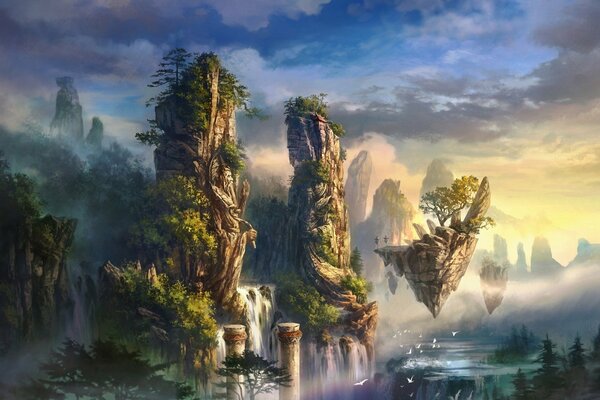 Paysage fantastique avec des montagnes volantes et des cascades au coucher du soleil