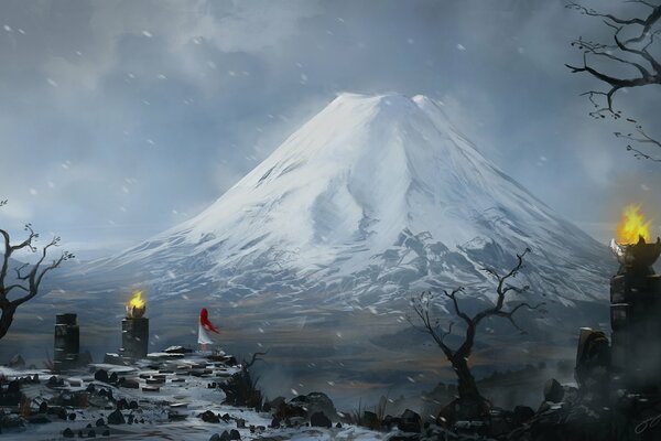 Homme solitaire sur fond de volcan solitaire