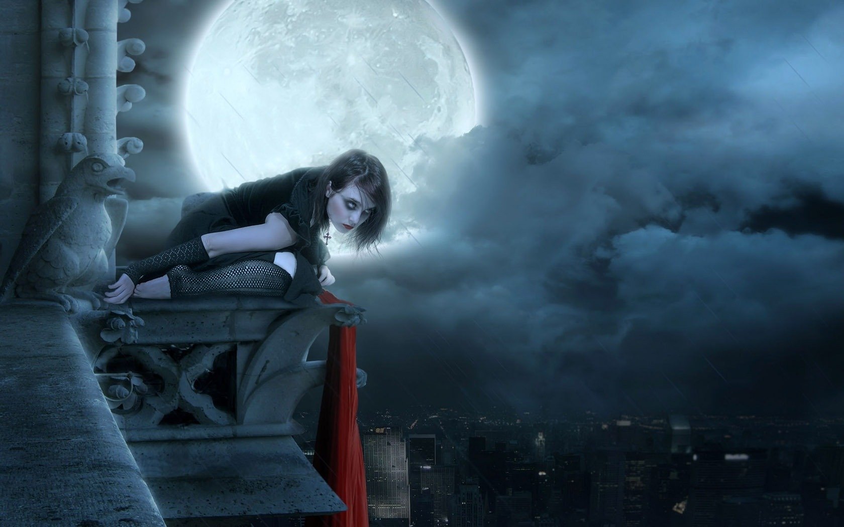 lune ville pluie toit fille