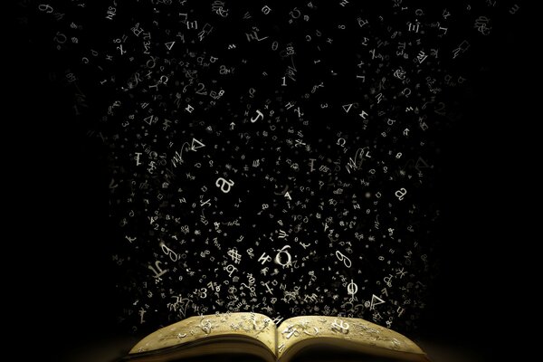 Un livre ouvert sur lequel planent des lettres mystérieuses sur un fond sombre